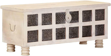 Wooden Storage Chest 43.3 inch, White Acacia Wood Trunk with Carved Panels, Large Decorative Blanket Storage Box