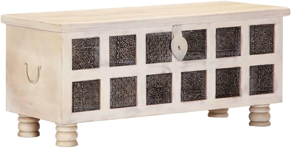 Solid Acacia Wood Storage Chest, 43.3 Inch Rustic White Trunk with Distressed Finish, Large Decorative Box and Wooden