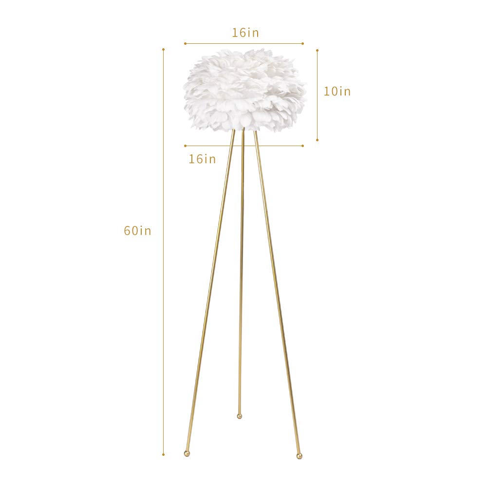 60" Feather Floor Lamp, Tripod Floor Lamp with White Feather Shade, Modern Brass Gold Standing Light s Dining Room