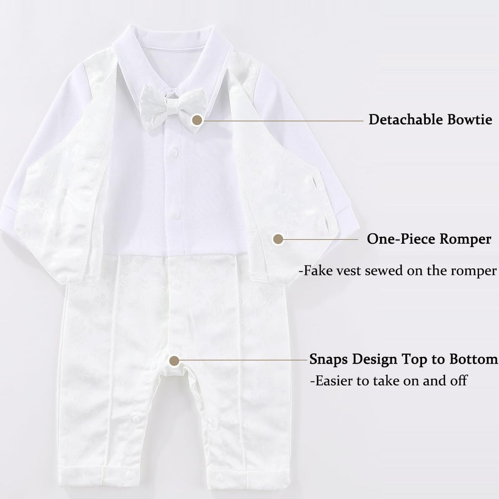 Baby Boy Baptism Outfit Long Sleeve Romper White