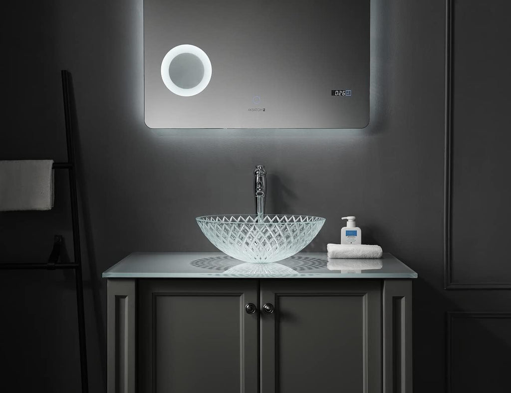 Tempered Deco Glass Luxuryhome Bathroom Sink in Crystal engraving Elegant | Top Mount Basin | Vanity Countertop Sink