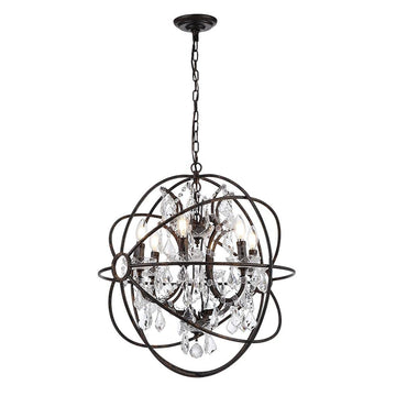 6 Light Candelabra Crystal 24" Chandelier Pendant Rustic Lamp Antique Atom Orbed Iron Frame Globe Ball