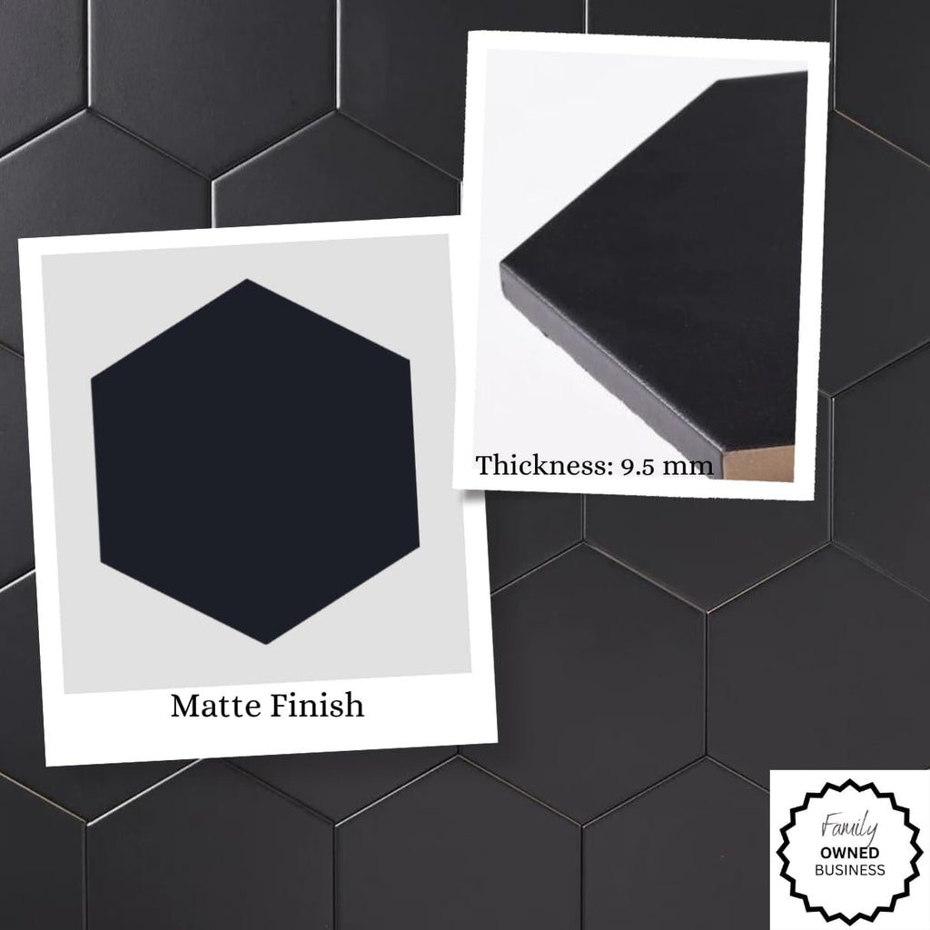 Fusion Matte Black Hexagon Porcelain Tile - 5x6 Glazed Finish Floor, Shower Wall, Kitchen Backsplash, Accent Decor