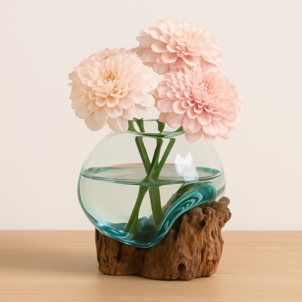 7" Hand-Blown Blue Tinted Bubble Glass On Natural Teak Driftwood Terrarium Kit | Home Décor Indoor Planter with