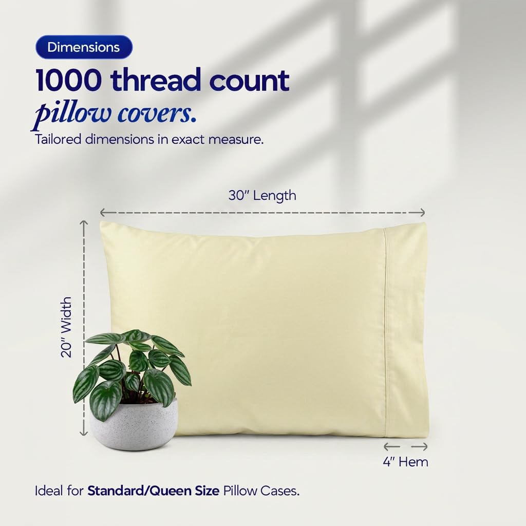Cooling Queen Pillow Cases Set of 2, 1000 Thread Count Egyptian Cotton Pillowcases, Breathable Sateen Weave Luxury