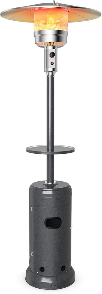 BTU Outdoor Patio Heater, Portable Propane Heater w/Drink Shelf Tabletop, Wheels, Base Reservoir, 87-inch Tall
