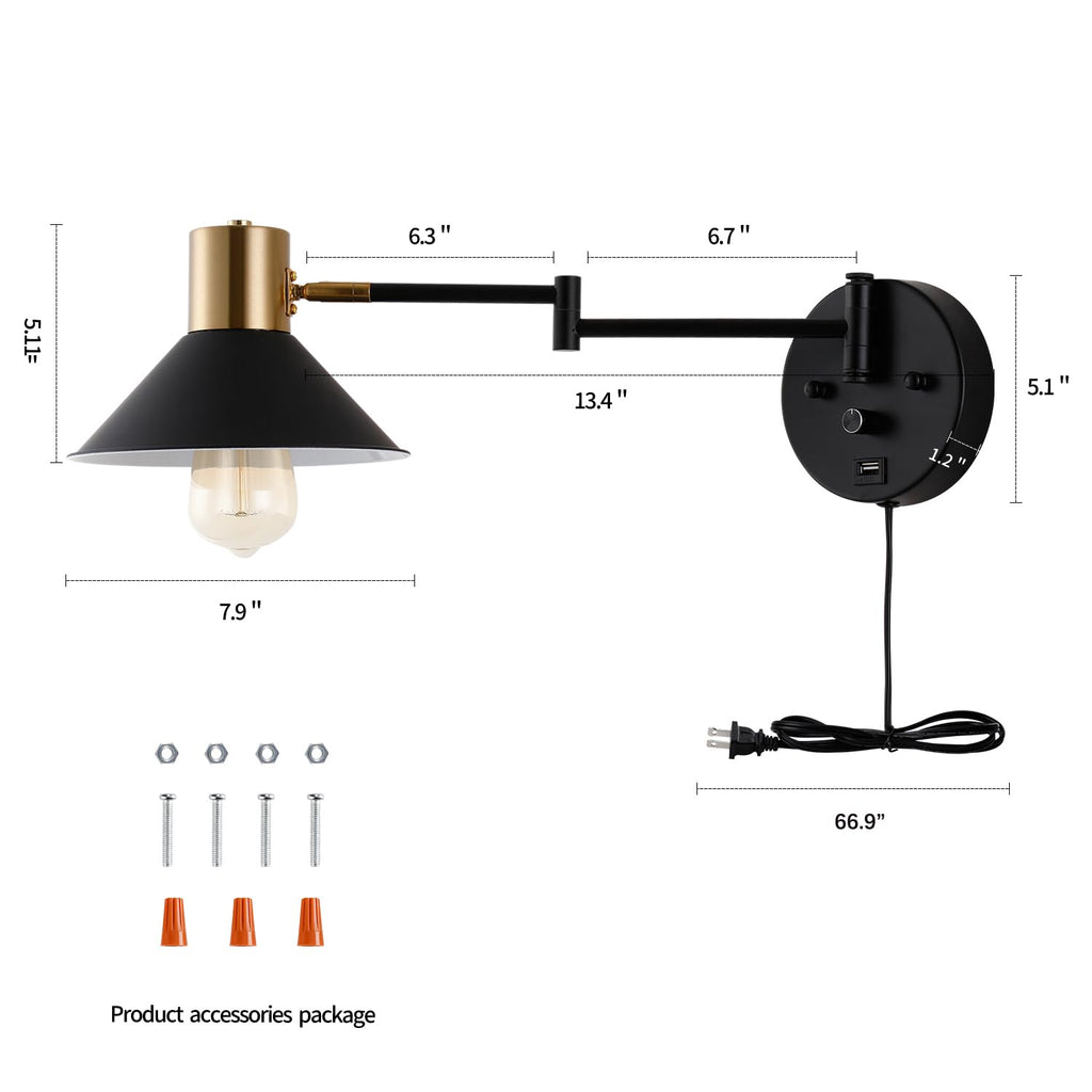 Swing Arm Wall Lamp Plug in Wall Sconces Adjustable Vintage Industrial Reading Light Bedside Wall Mount Light