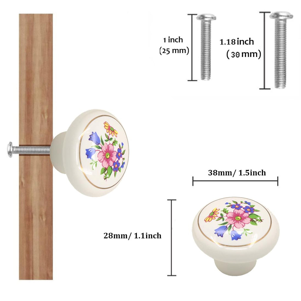 Ceramic Hand Painted Drawer Knobs, [4 Pack] Vintage Flower Painted Cabinet Knobs and Pulls, Kitchen Furniture Knobs