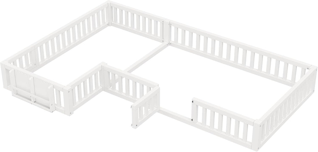 L Shape Double Floor Bed with Bookcase & Lockable Safety Gate, Montessori Bed Frame with Storage for