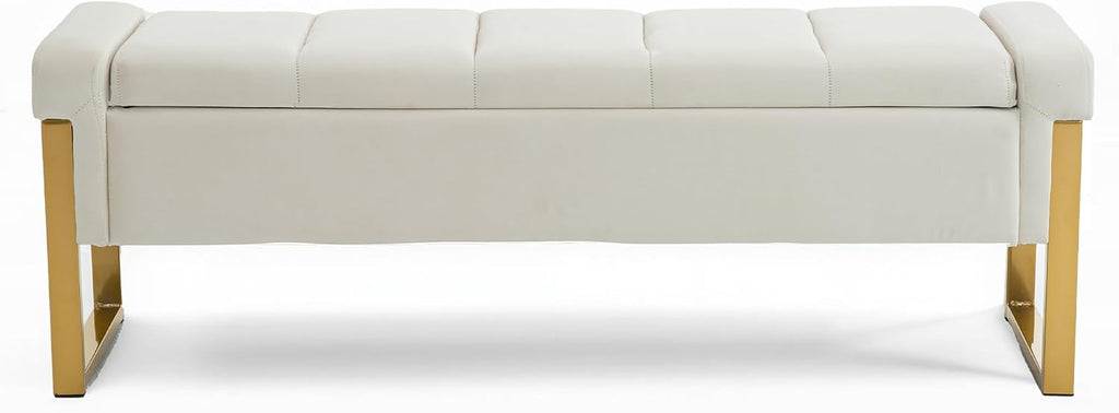 55" Tufted Storage Bench King Size Bed, Velvet Ivory White | Long Ottoman Gold Legs, Modern End of Bed Bench