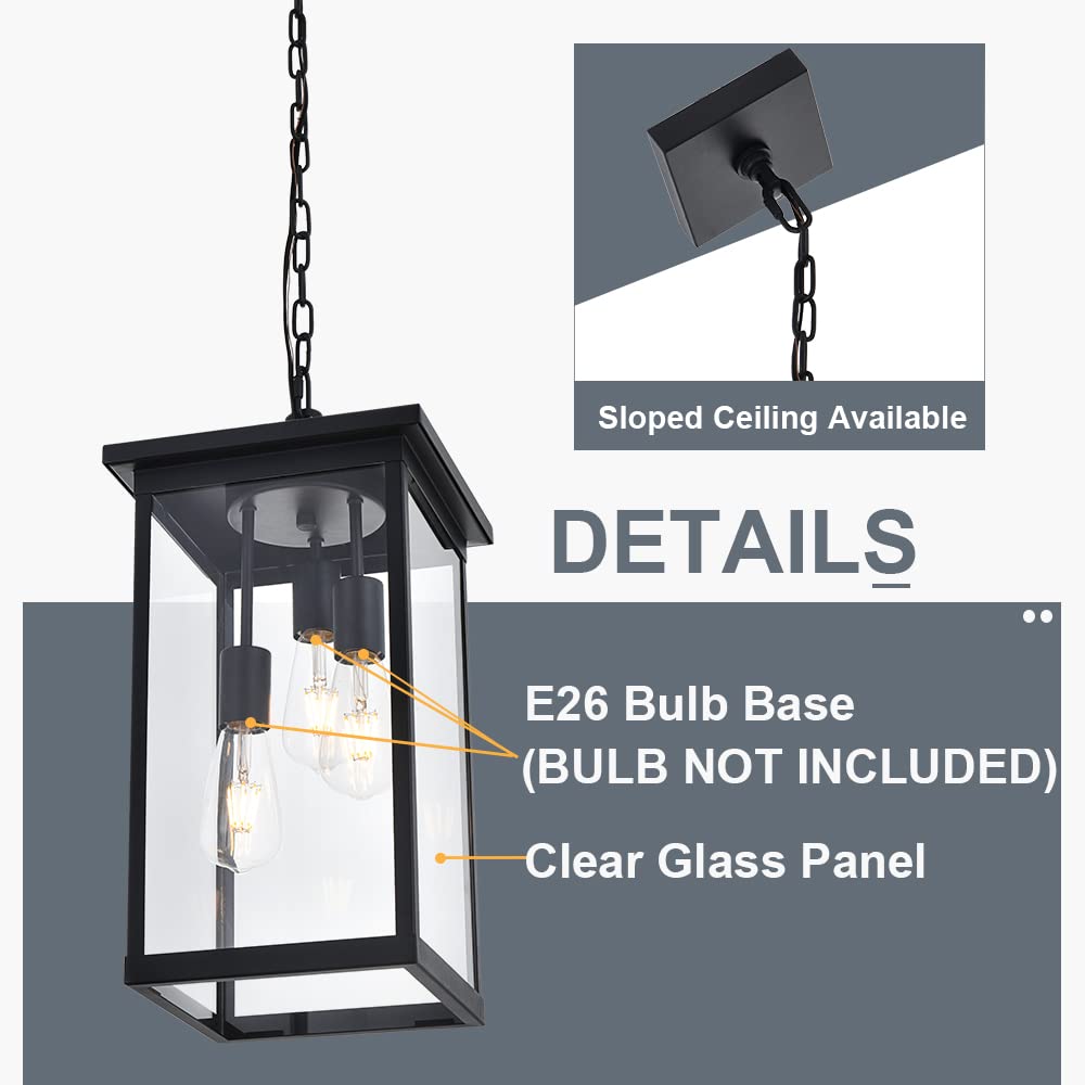 3-Light Black Outdoor Pendant Light Fixture, Adjustable Exterior Hanging Lantern Porch Light