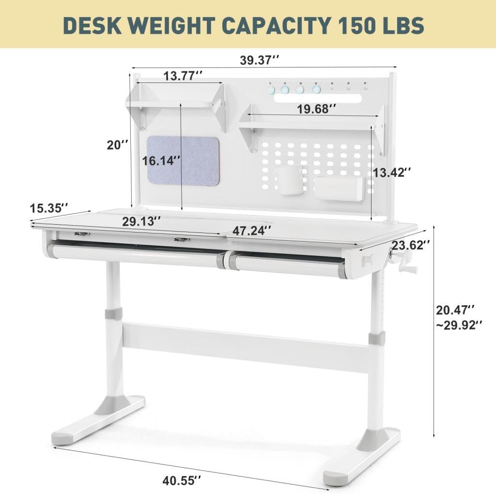 Kids Study Desk, Height Adjustable Children School Desk w/Hutch, LED Lamp