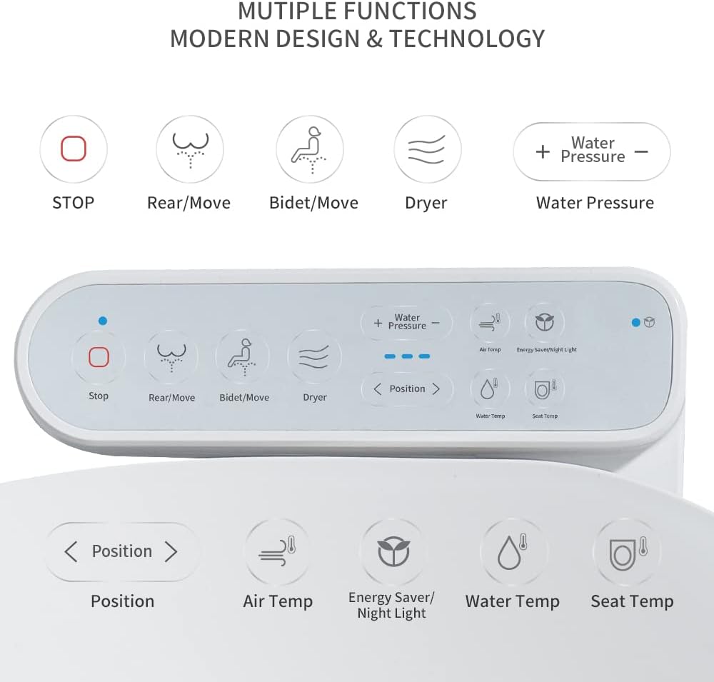 Elongated Electric Bidet Toilet Seat with Warm Water Wash, Heated Seat, Quiet-Close Lid, Air Dryer, Customizable Wash Modes