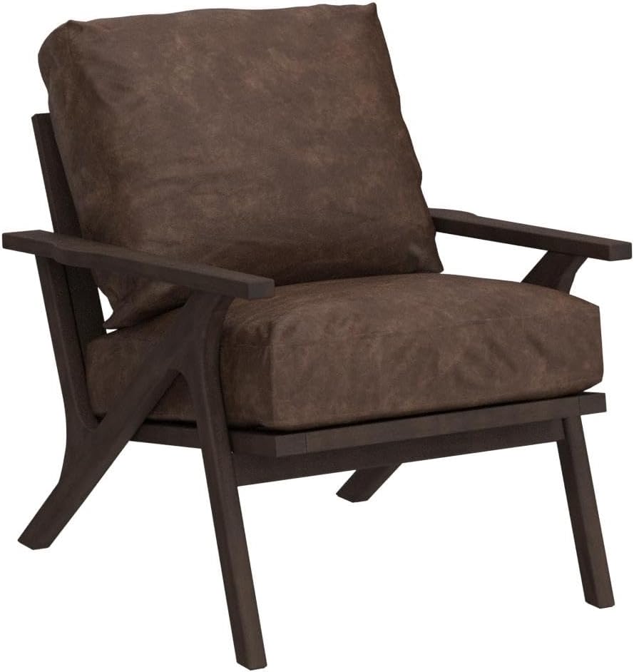 Mid Century Arm Chair, Retro Accent Armchair with Wood Frames & Faux Leather Upholstered Removable Cushions, Leisure