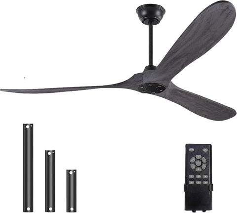 Solid Wood Grey Ceiling Fan Without Light, 60 inch Walnut Ceiling Fan with 3 Wood Blades 6 Speeds Smart Timing Reversible DC Motor, Modern Fan for Indoor Outdoor Farmhouse/Patios-Brushed Grey