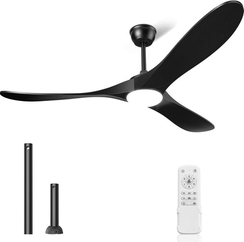 Ceiling Fans with Lights and Remote, 3 Solid Wood Blades, Outdoor Wooden Ceiling Fan with 2 Downrods for Patios, 60 Inch Modern Ceiling Fan with Noiseless Reversible DC Motor (Black) A101-B0DFPH725N