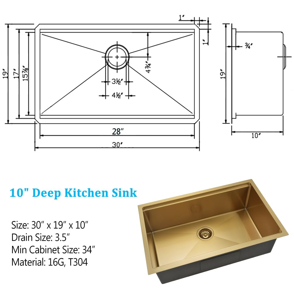 30 Inch Undermount Gold Kitchen Sink, 30x19 Undermount Workstation Sink 16 Gauge Stainless Steel Single Bowl