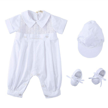 Baby Boy's 3 Pcs Christening Baptism Outfit Embroideried Lace Infant Romper Short Sleeve