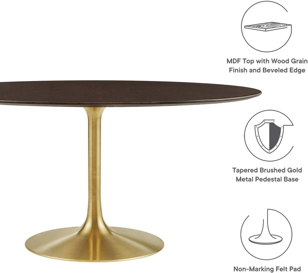 Inspired Tulip Style Oval Pedestal Dining Table — Gold Cherry Walnut, 60″ Oval