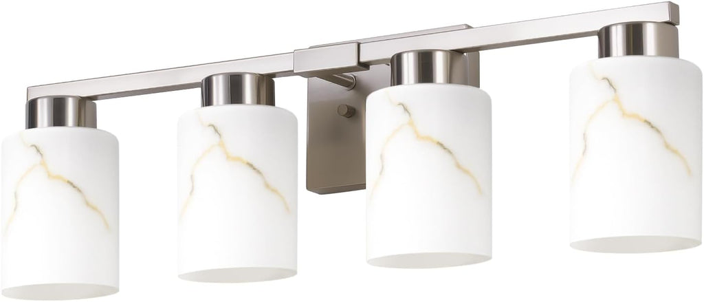 4-Light Bathroom Light Fixtures, Modern Vanity Lights, Brushed Nickel Metal Wall Lamp with White Marble Glass