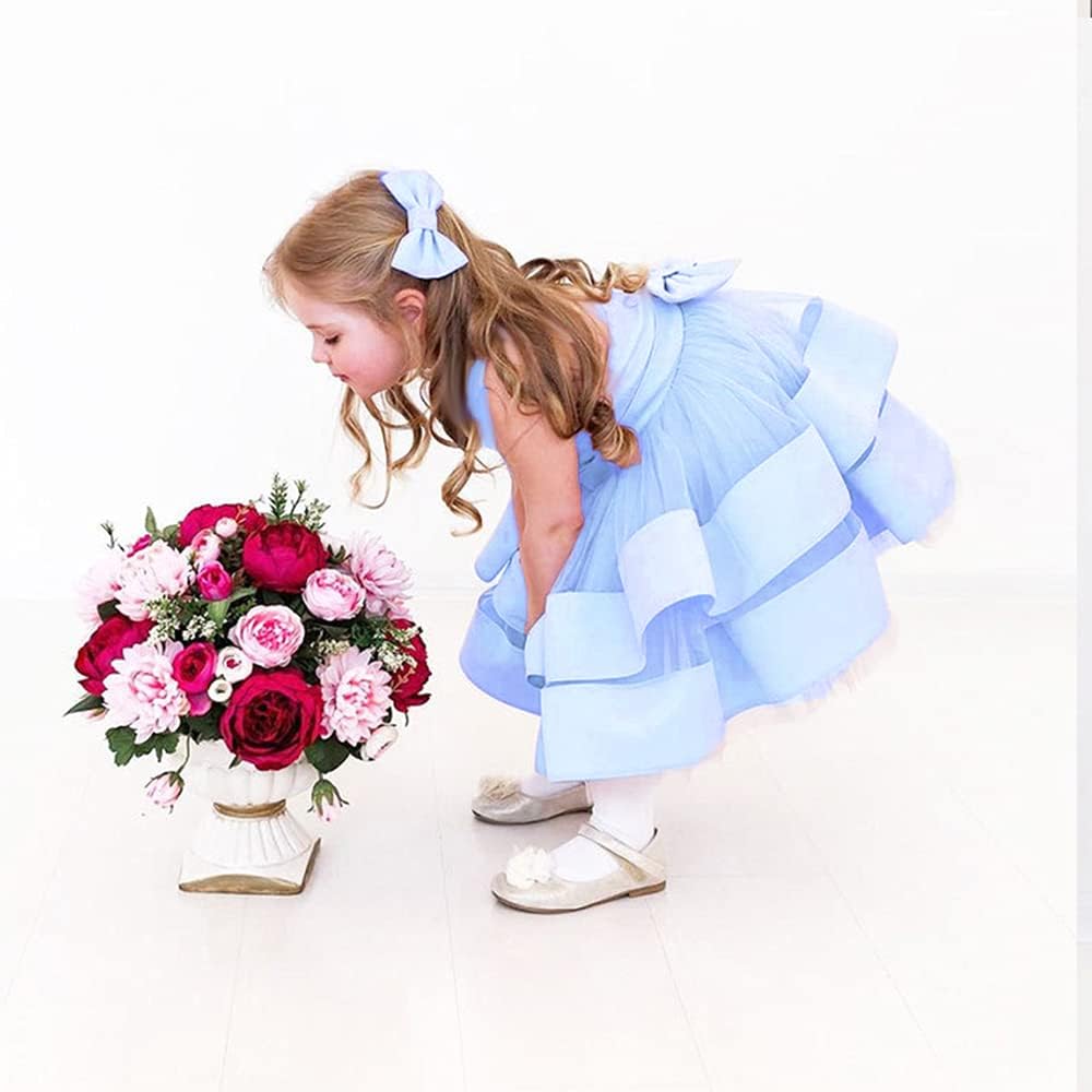 Baby Girls V Backless Flower Dress Pageant Party Wedding Gown Dresses with Hair Bow