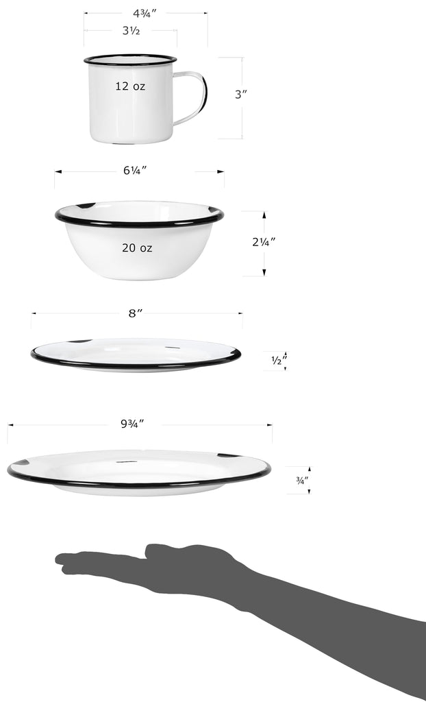 16-Piece Enamelware Metal Dinnerware Set for 4, Distressed White/Black Rim