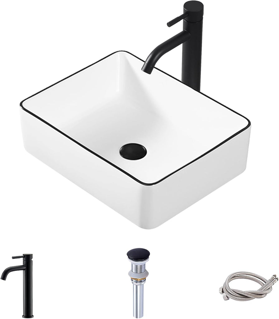 Rectangle Vessel Sink, 16"x12" Above Counter Bathroom Sink Rectangular Small White Ceramic Vessel Sinks for Bathrooms