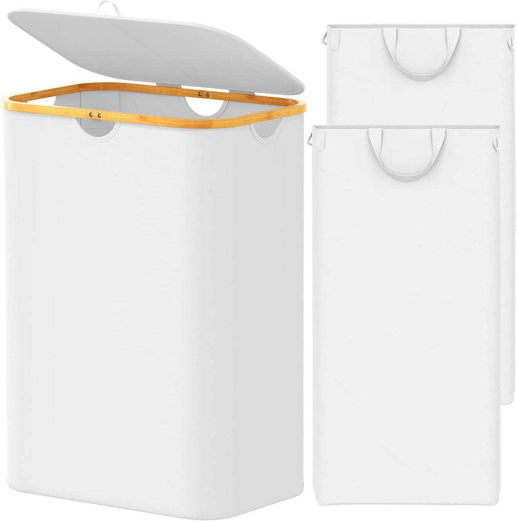 Double Laundry Hamper 2 Section with Lid and Removable Laundry Bags, 160L Clothes Basket with Bamboo Handles, Large