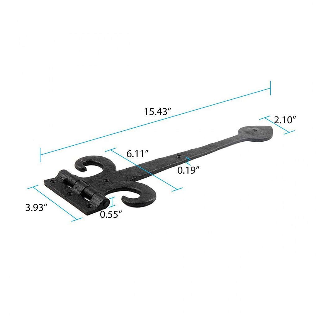 Black Wrought Iron Strap Hinge 15.5" Fleur De Lis Style Flush Mount Heavy Duty Spade Tip Strap Gate and Door Hinges