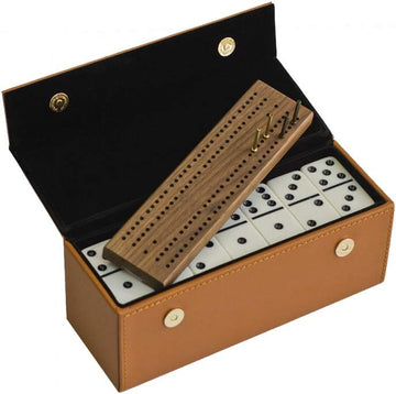 Alex Cramer Domino Set with Caramel Colored Leather Case - Professional Tournament Traveler - No Spinners Domino Set - Set of 28