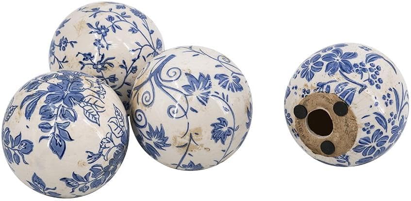 Set of 4 Ceramic Decorative Spheres - Handcrafted Blue and White Floral Orbs Decor, Tabletop Accent, Shelf Display