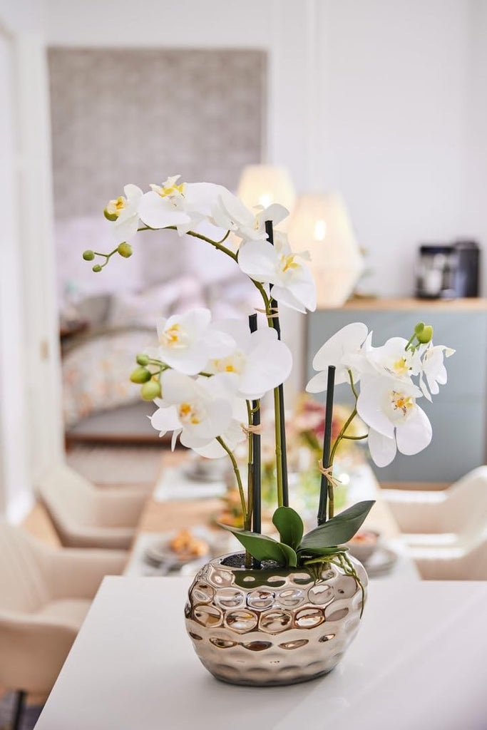 Artificial Flower, Fake Orchid Phalaenopsis Including Textured Metallic-Silver Vase, 24" (White)