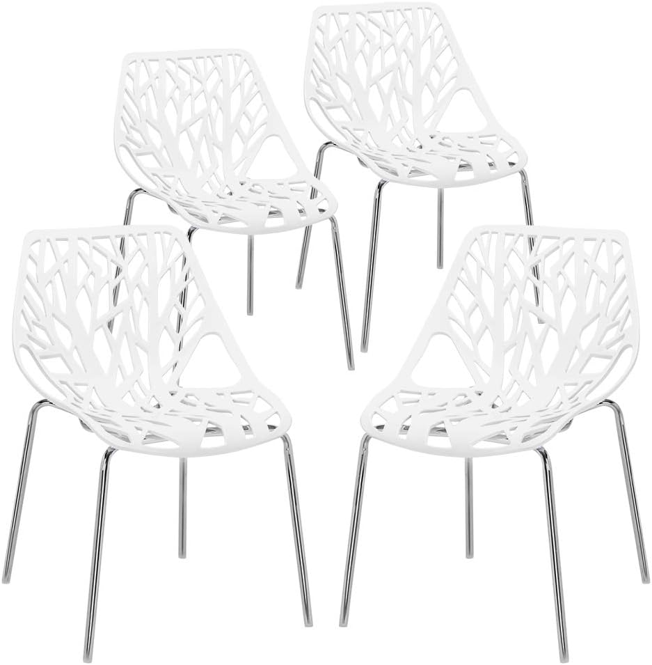 Modern Stackable Chair Set of 4,Kitchen White Dining Chairs,Birch Sapling Comfy Chairs for Dining Room,Living Room