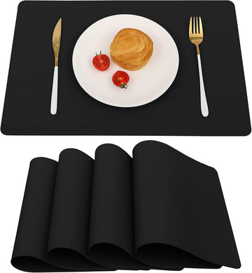 Placemats Black Leather Place Mats Waterproof Wipeable Heat Resistant Sturdy Rectangle Kitchen Dining Table - Set of 4