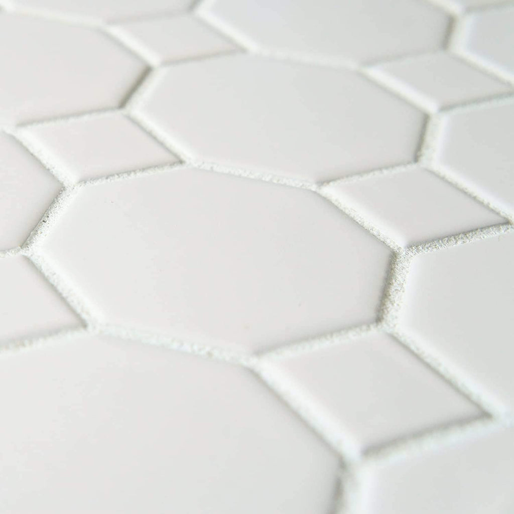 12x12 Matte White Octagon Porcelain Mosaic Tile with Matte White Dots Floor, Kitchen Backsplash, Shower Wall