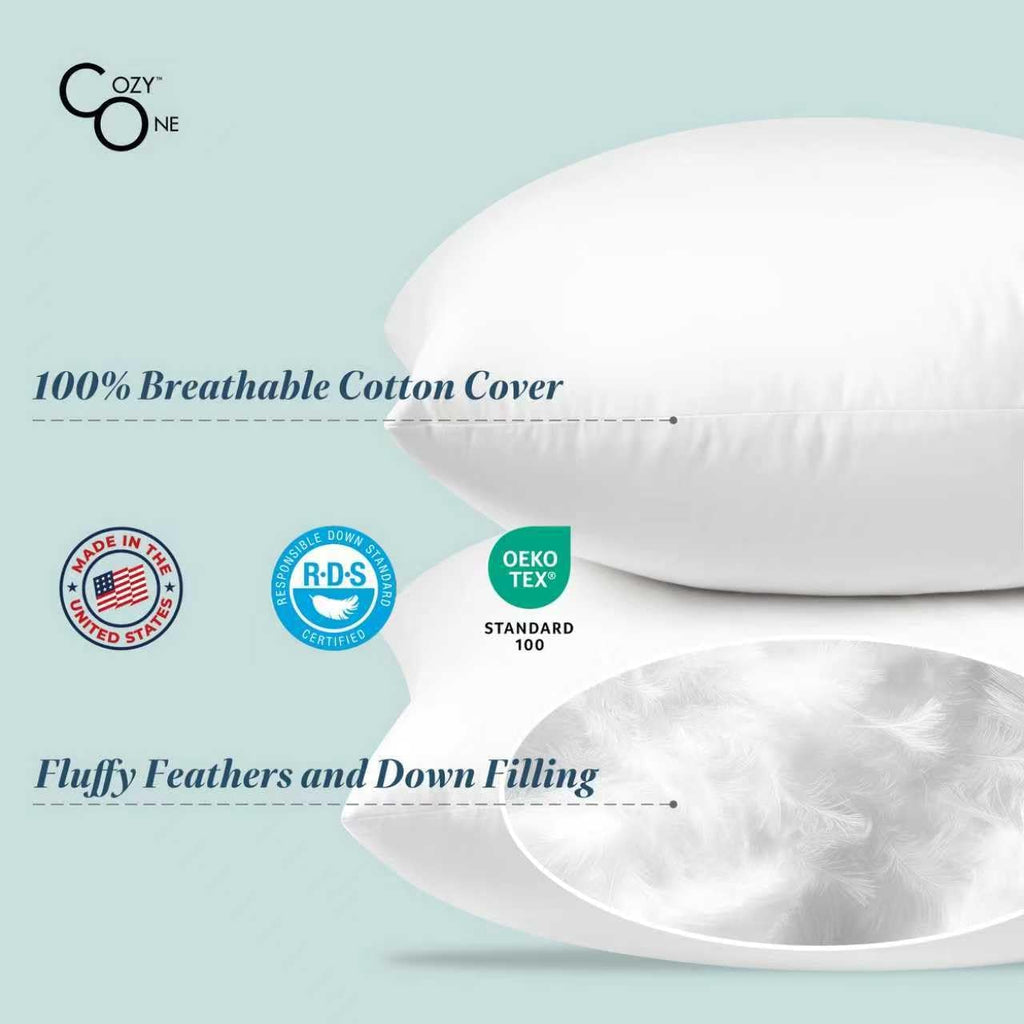22x22 Feather Down Throw Pillow Inserts 100% Cotton Made in USA - Set of 2
