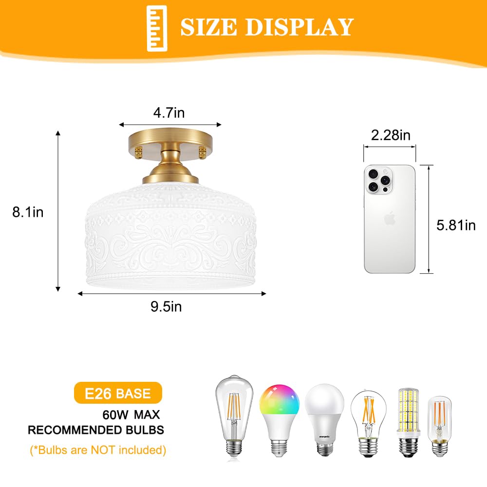 Artistic Gold Handcrafted Semi Flush Mount Ceiling Light - 12 Inch Vintage White Glass Shade with Etched Patterns