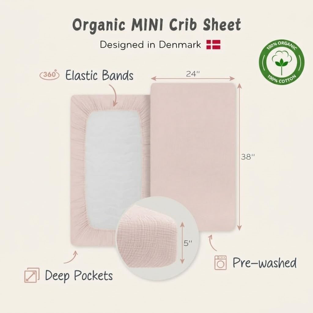 Organic Cotton Muslin Fitted Mini Crib Sheets for Girls, 24x38, Pink