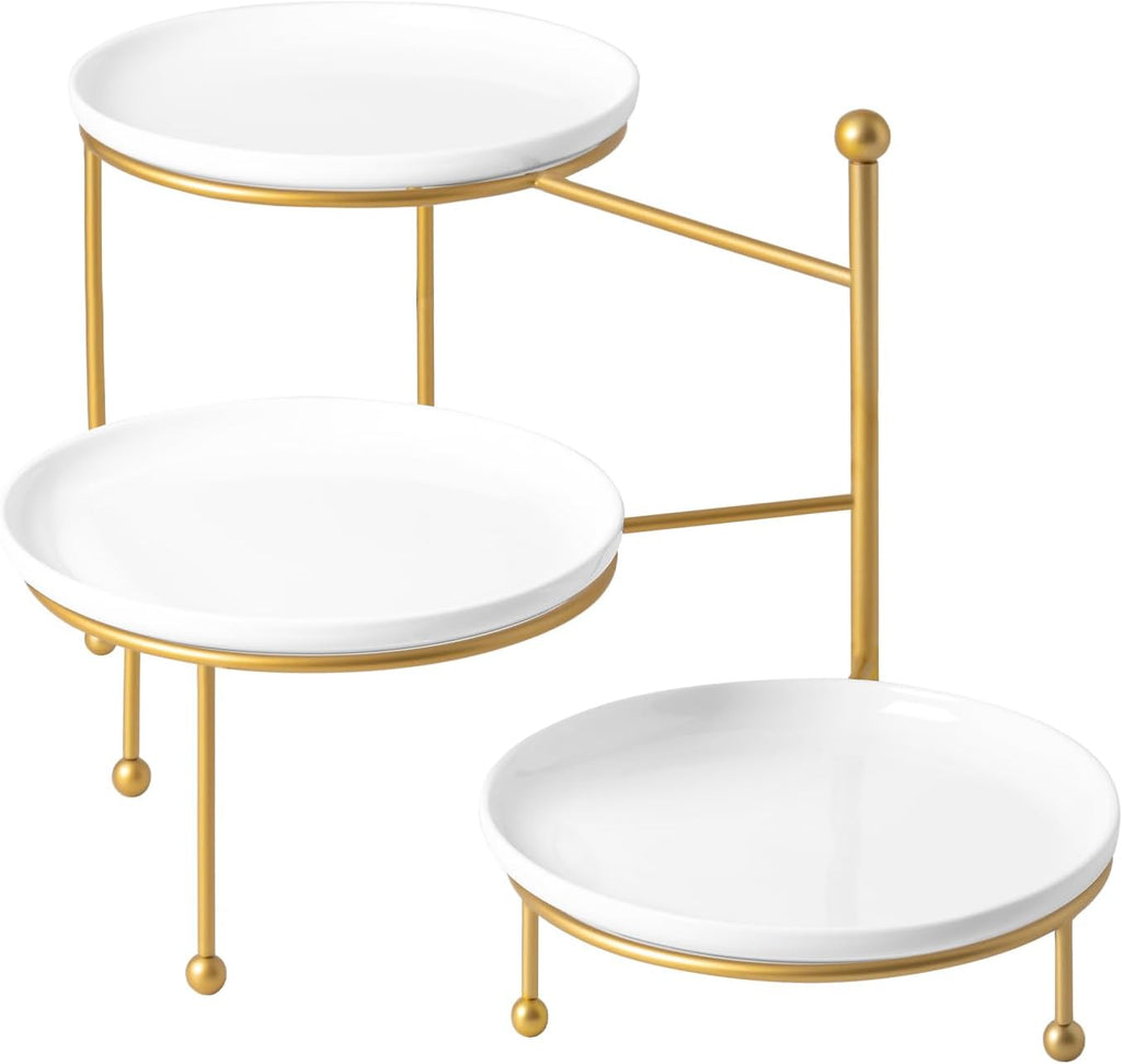 3 Tiered Serving Stand with White Porcelain Plates, 10" Round Tray, dessert table display set, Gold Metal Stand