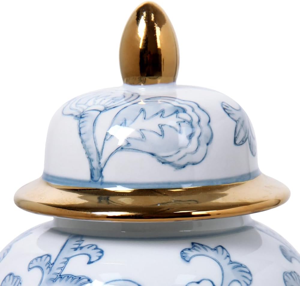 Blue and White Ginger Jar with Hand-Painted Floral Design, Ceramic Decorative Vase with Gold Trim Lid, Chinoiserie