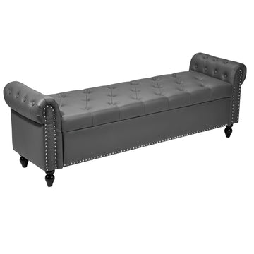 Button-Tufted Storage Ottoman Bench, Rolled Arm PU Leather Bench with Solid Wood Legs, Modern Shoe Benches Seat
