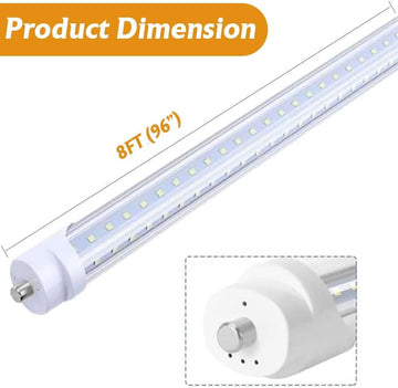 T8 8FT LED Tube Light, 8 Foot T8 V Shaped Single Pin FA8 Base, Ballast Bypass 270° 50W 6750LM, 6500K Cool White