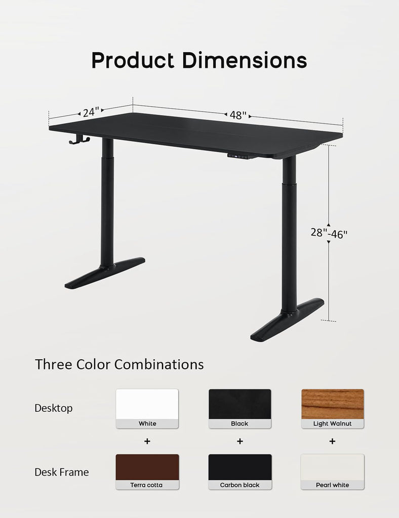 Electric Standing Desk, Height Adjustable Desk with Round Tube Legs, 48 x 24 Inches Memory Sit Stand up Desk, Home