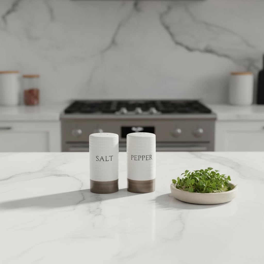 Farmhouse Mini Ceramic Salt and Pepper Shaker Set - Cute Kitchen Table Accessories and Decor, Small 3-Inch Modern - Set of 2