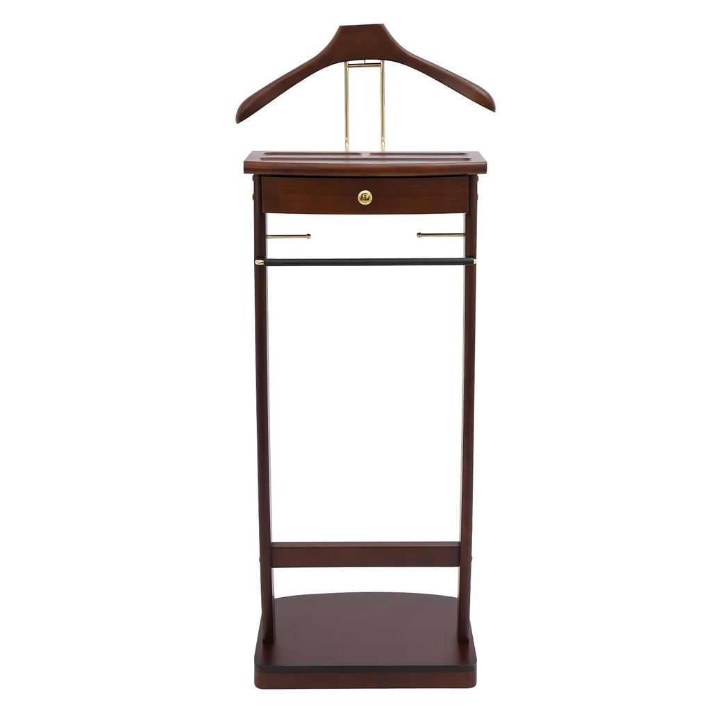 Suit Valet Stand Wood Valet Stand for Man, Wooden Clothing Valet Stand with Contour Hanger, Drawer, Trouser Bar, Tie