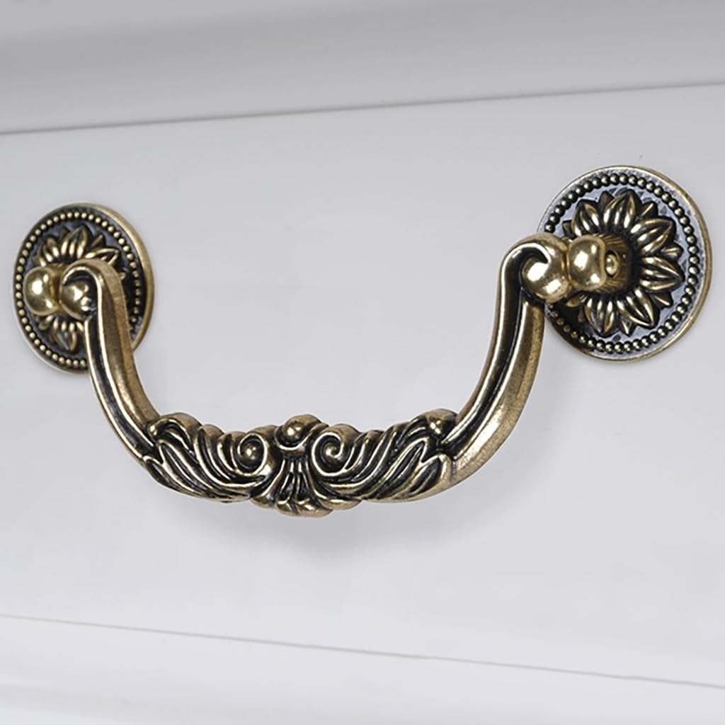 6PCS Antique Bronze Drop Bail Pulls,Vintage Carved Cabinet Pulls Handles,5.0" Hole Centers Retro Drawer Knobs,Texture