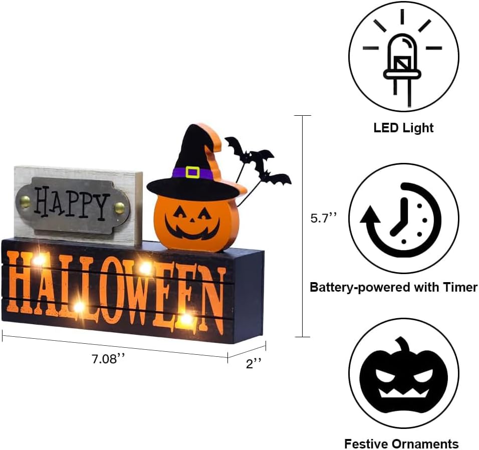 Halloween Decorations Indoor, 2-Layered Wood Block with LEDs & Pumpkin Face, Happy Halloween Sign Decorations