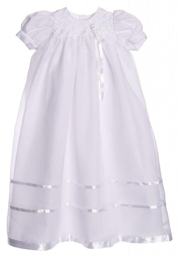 Long White Embroidered Organza Christening Baptism Gown with Bonnet - M (6-9 Month)