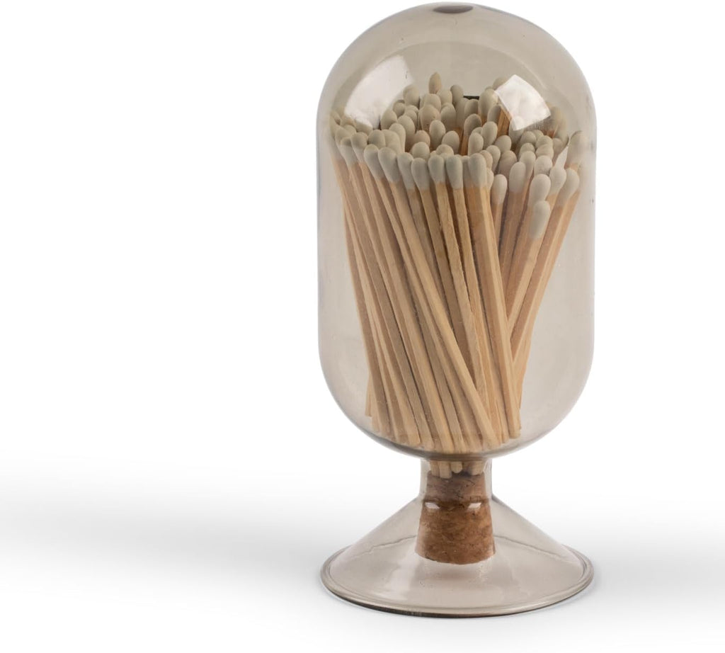 Premium Smoke Glass Cloche - Decorative Jar with Striker. Holder for Long Matches for Candles, Fireplace, Bathroom