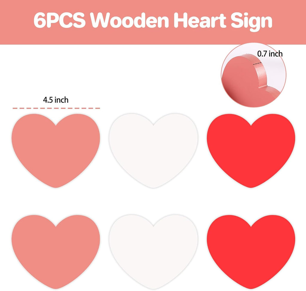 Valentines Decorations Wooden Heart Sign Classic White Pink Red Decor Shelf Mantel Fireplace Table Windowsill - Set of 6
